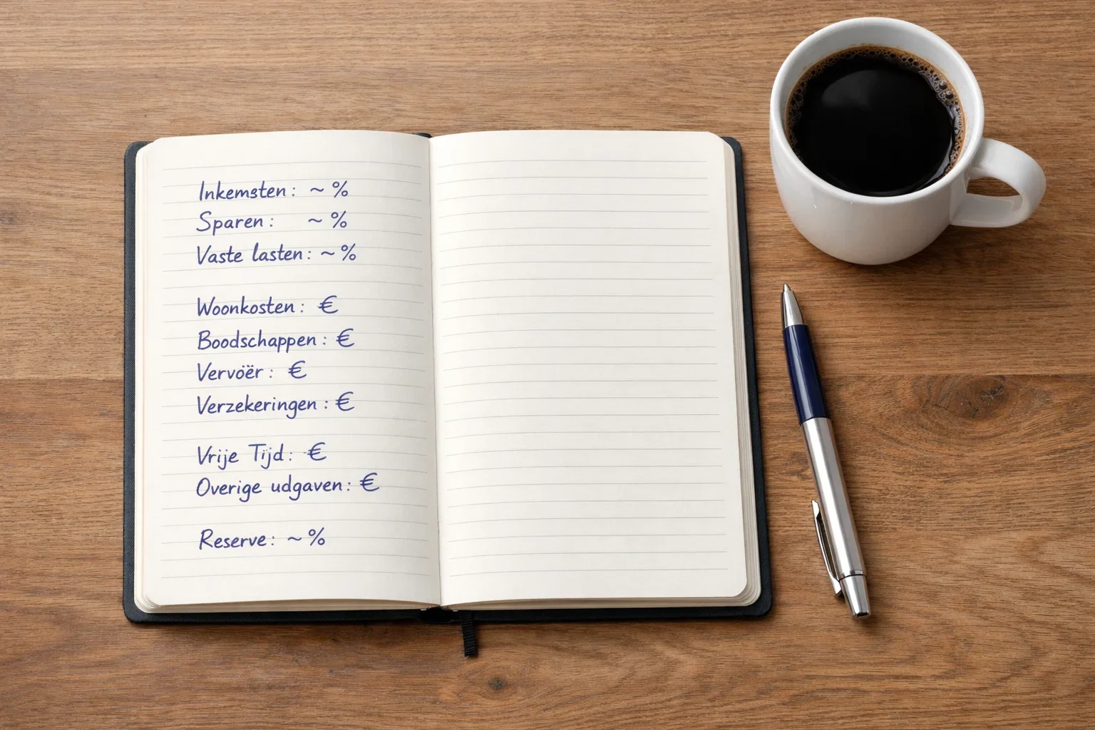 Notitieboek met budgetplanning en eurotekens naast koffiekop