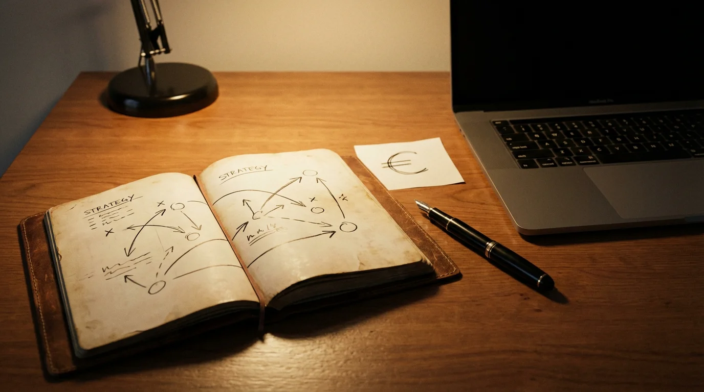 Notitieboek met wedstrategie en pen op een bureau naast een laptop