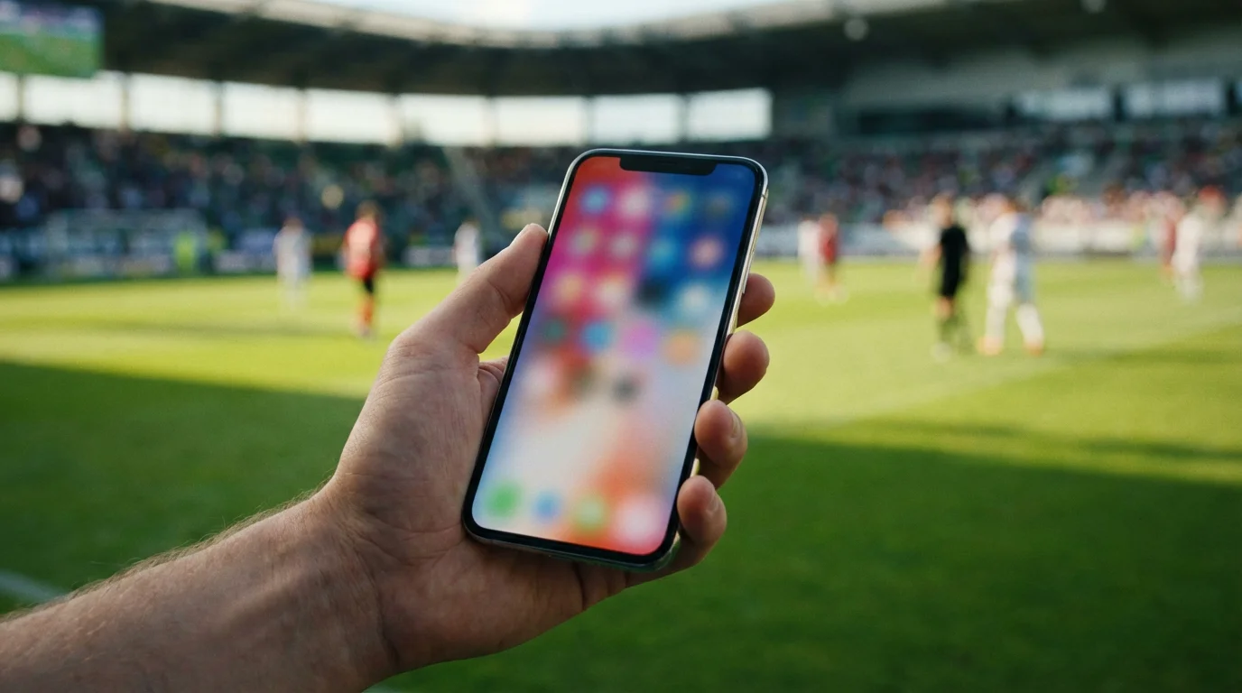 Hand met smartphone toont voetbalweddenschap in een stadion