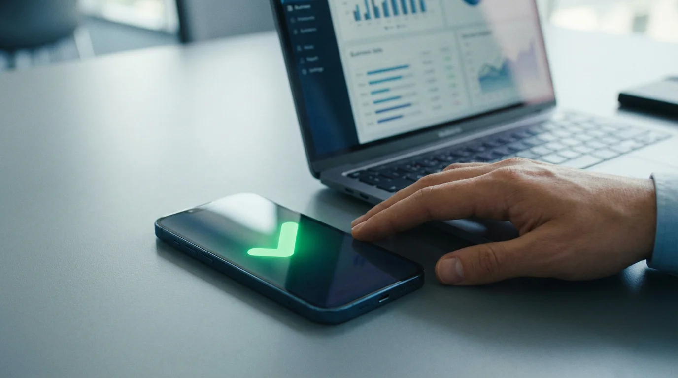 Smartphone met een betaalbevestiging naast een laptop op een bureau