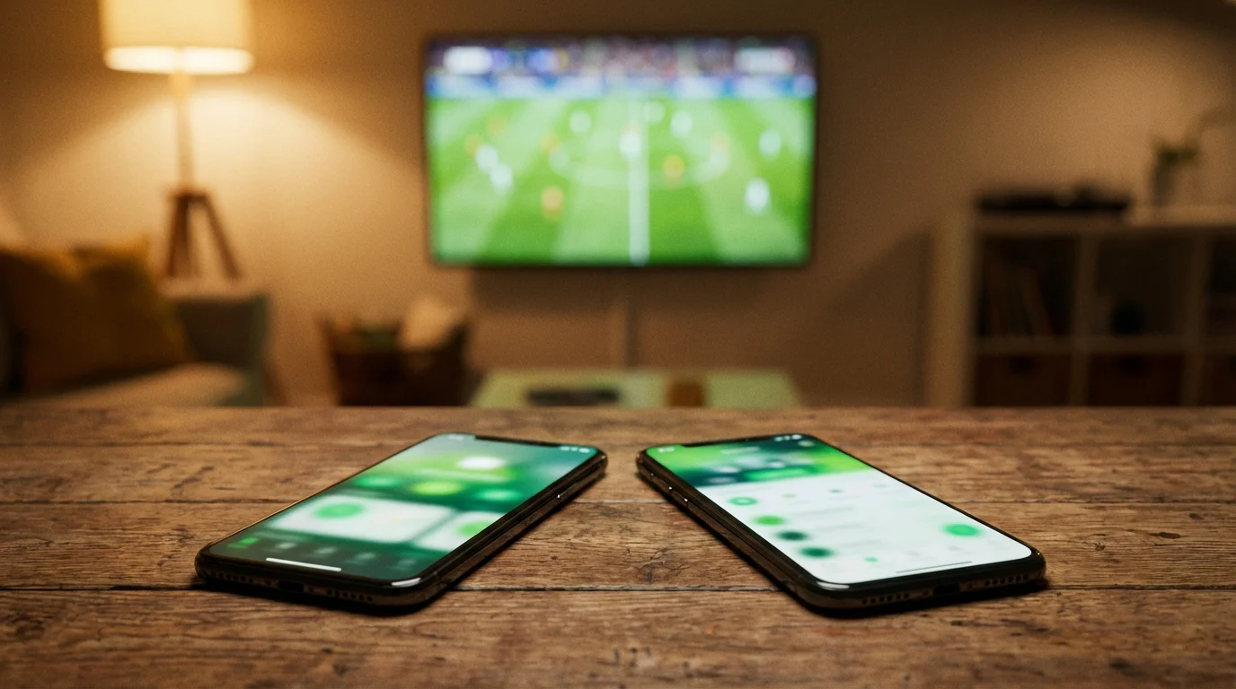 Twee smartphones naast elkaar op een tafel met voetbal op de achtergrond