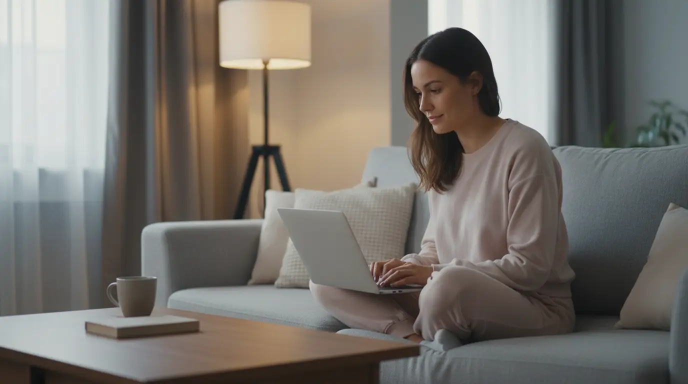 Persoon bekijkt een bonusaanbieding op een laptop in een huiskamer