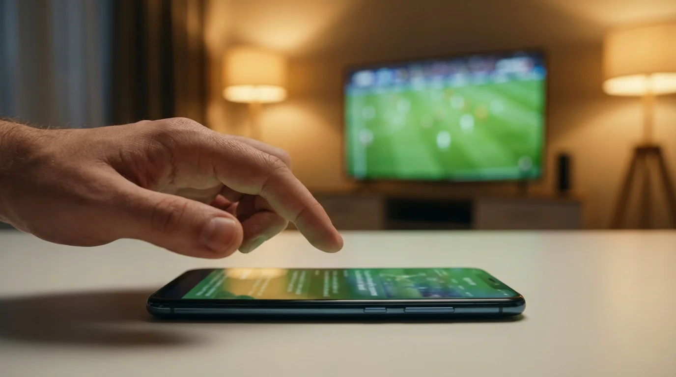 Hand boven een smartphone met een voetbalwedstrijd op een wazige achtergrond