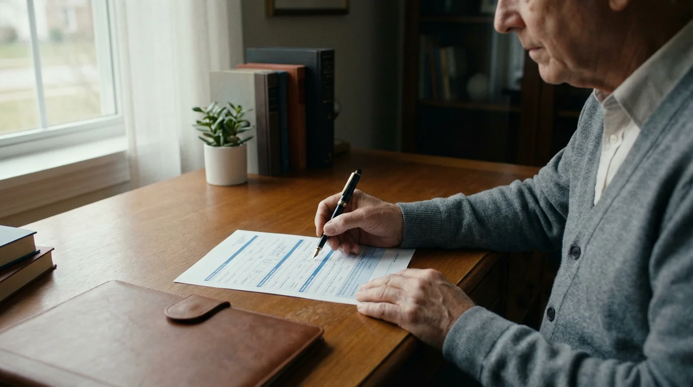 Persoon zit achter een bureau en vult een formulier in met een pen