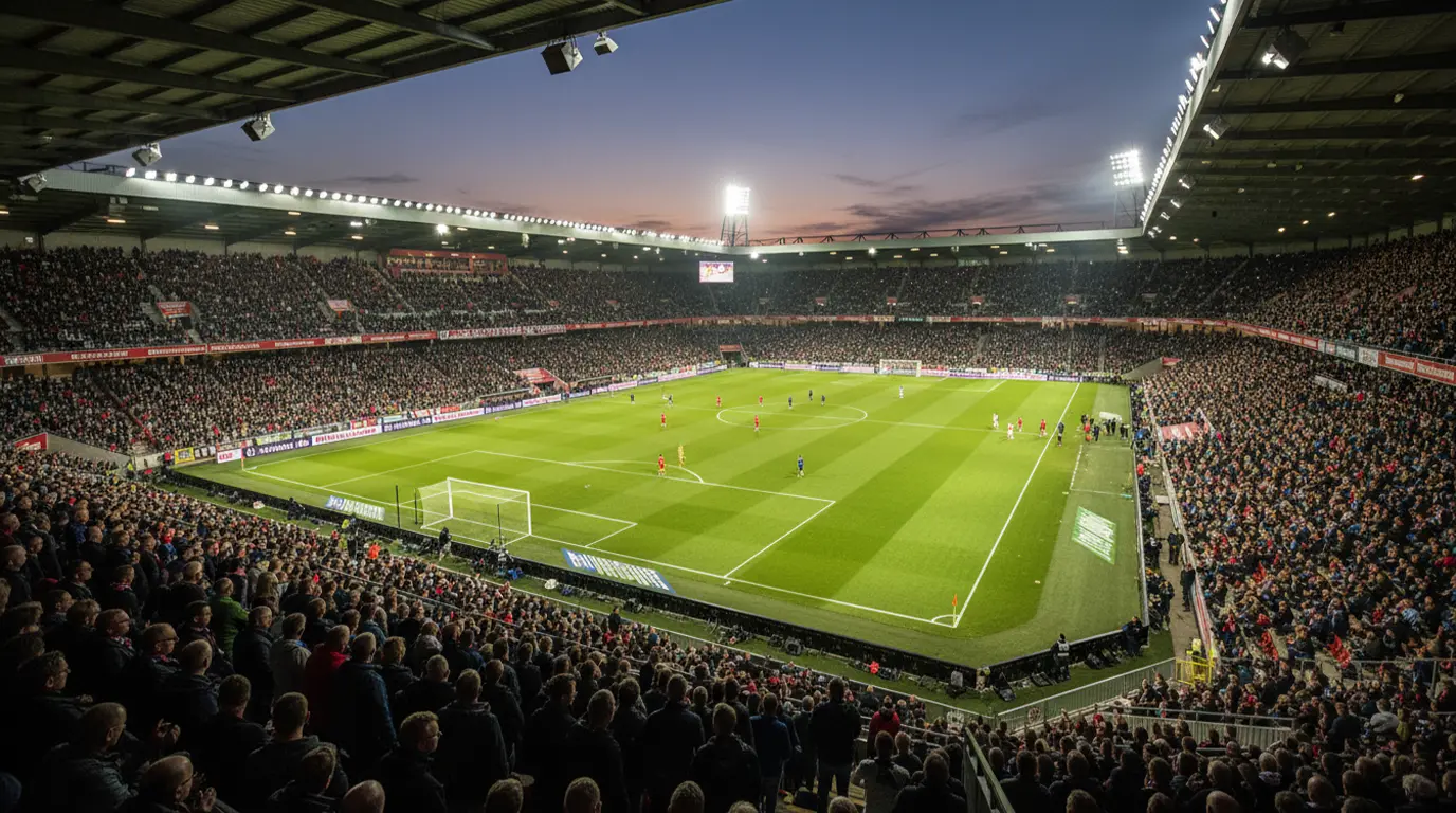 Nederlands voetbalstadion tijdens een Eredivisie-wedstrijd bij avondlicht
