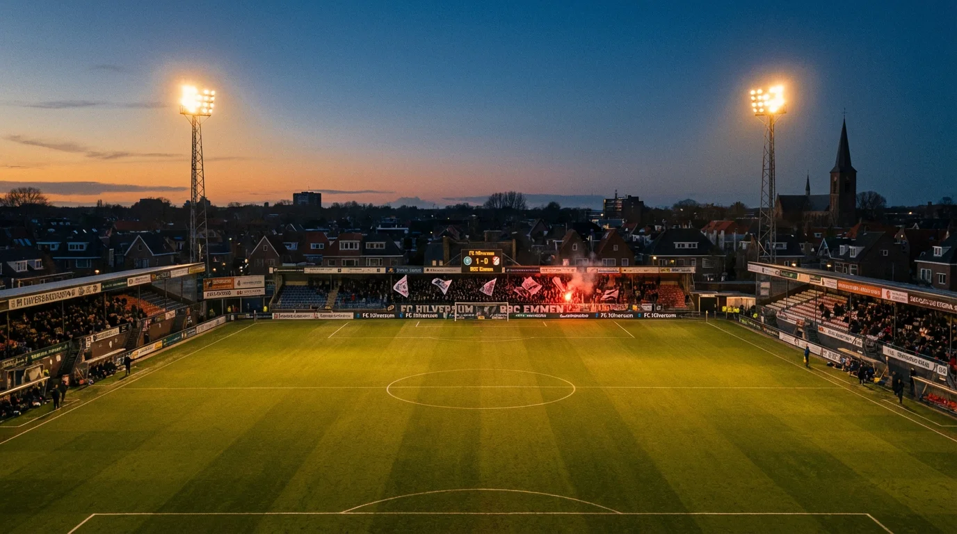 Voetbalstadion verlicht voor een Europese bekerwedstrijd bij avondlicht