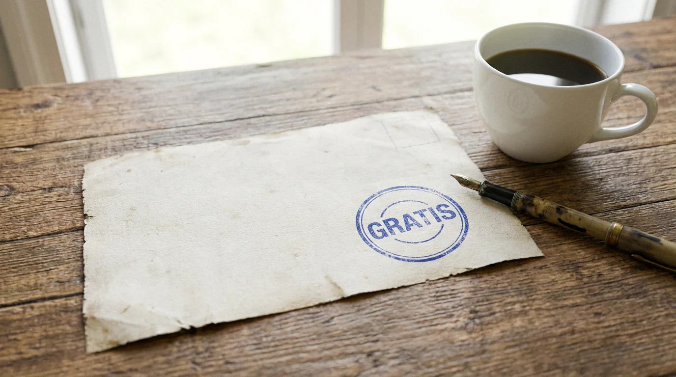 Wedcoupon met een stempel op een houten tafel naast een kop koffie