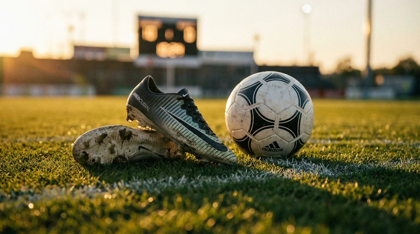 Voetbalschoenen op gras met een scorebord op de achtergrond