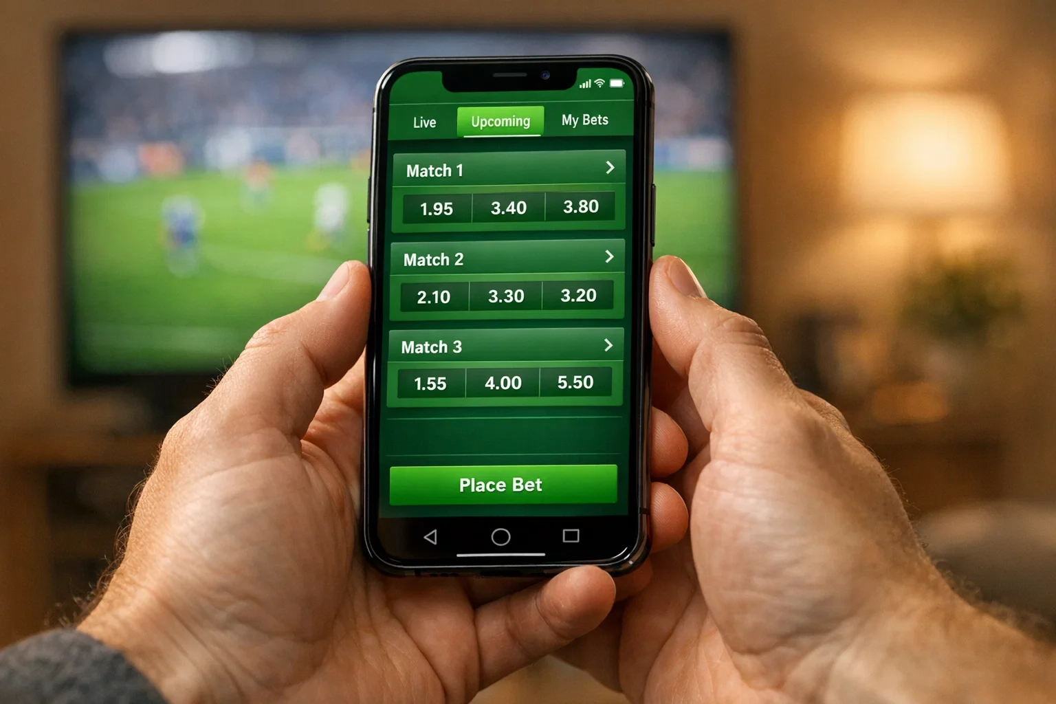 Smartphone met sportwedden app toont live voetbalwedstrijd odds