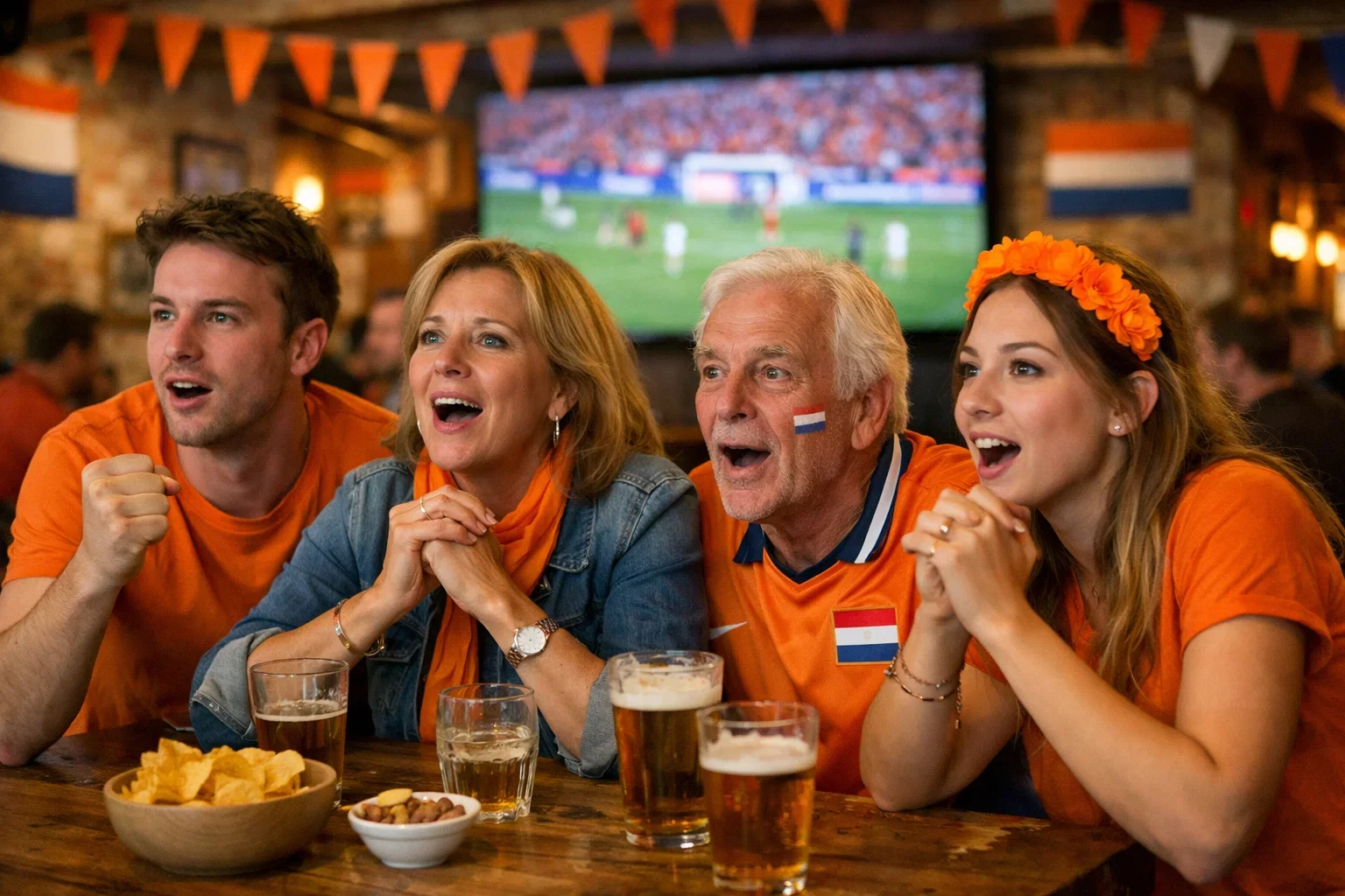 Groep mensen van verschillende leeftijden kijkt naar voetbalwedstrijd op groot scherm