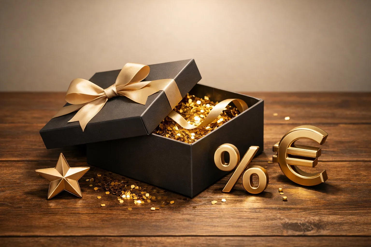 Geschenkdoos met bonussymbolen en eurotekens op tafel