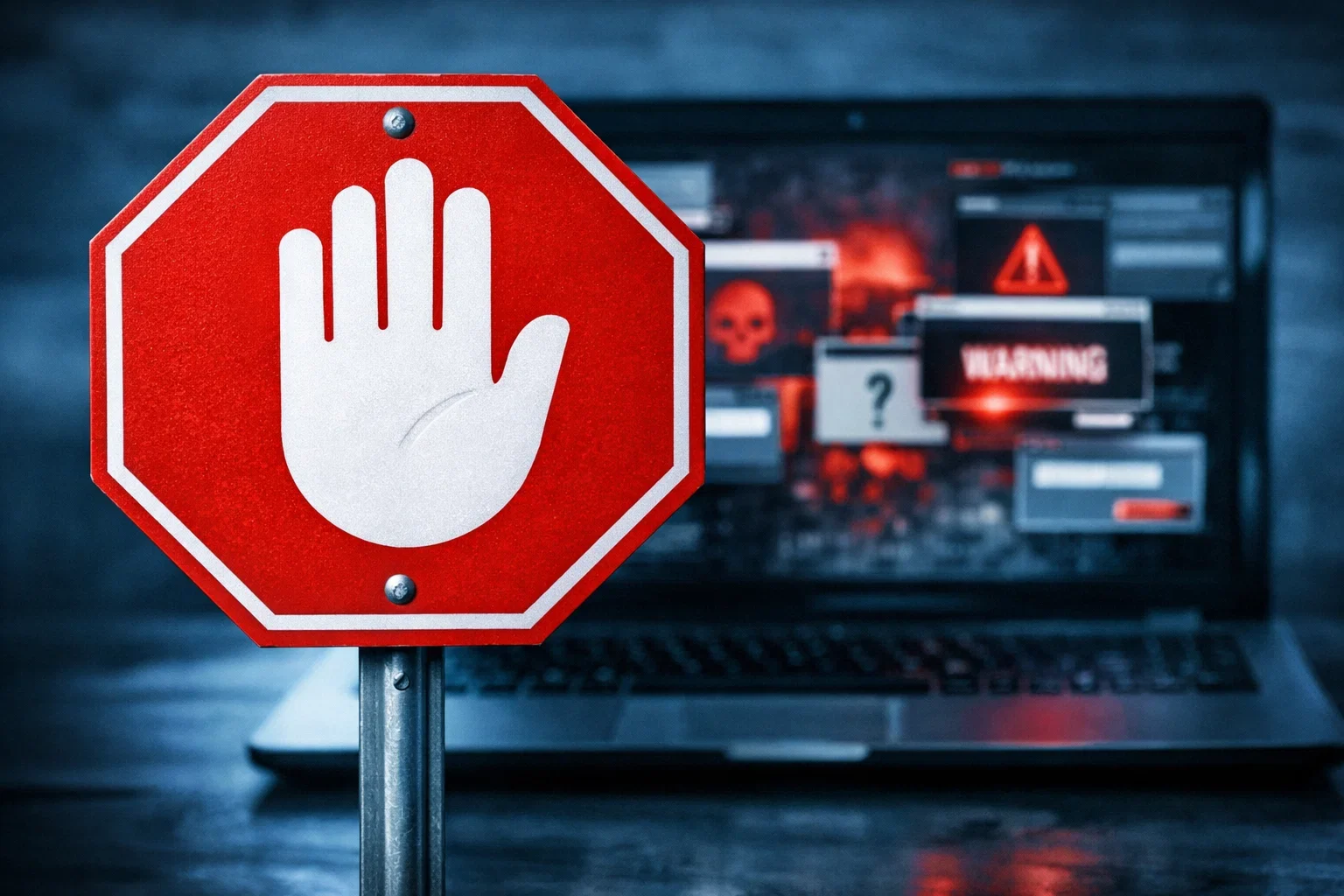 Rood waarschuwingsbord met stopsymbool voor onbetrouwbare websites