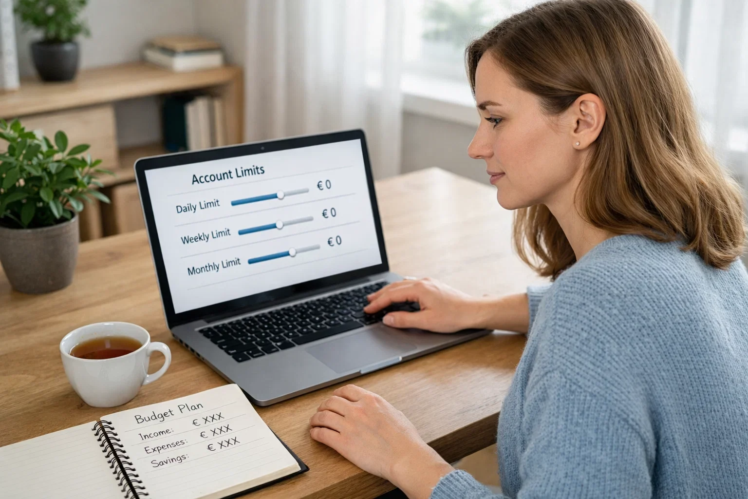 Persoon stelt speellimieten in op laptop met notitieboek ernaast