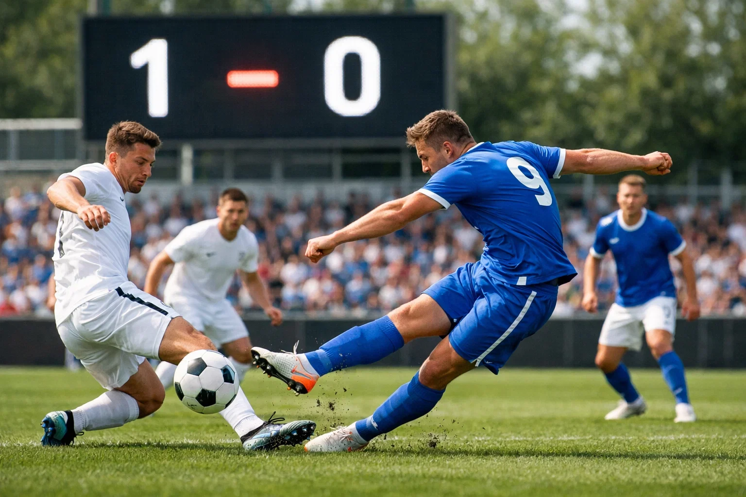 Voetbalwedstrijd met scorebord dat 1-0 toont