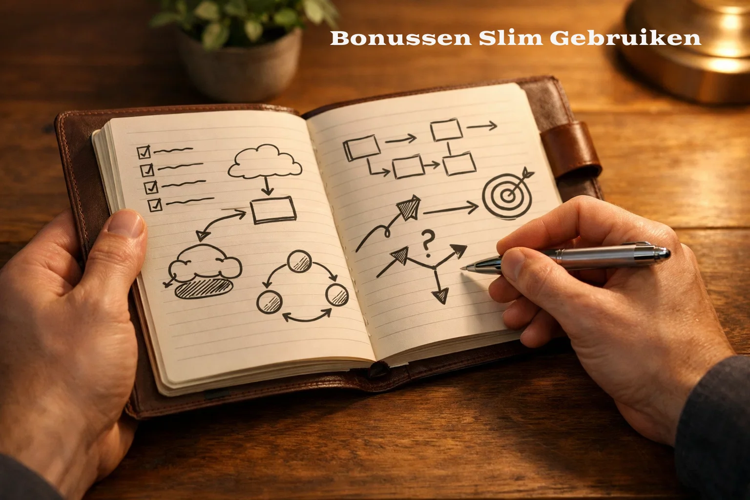 Persoon plant strategie met notitieboek en pen