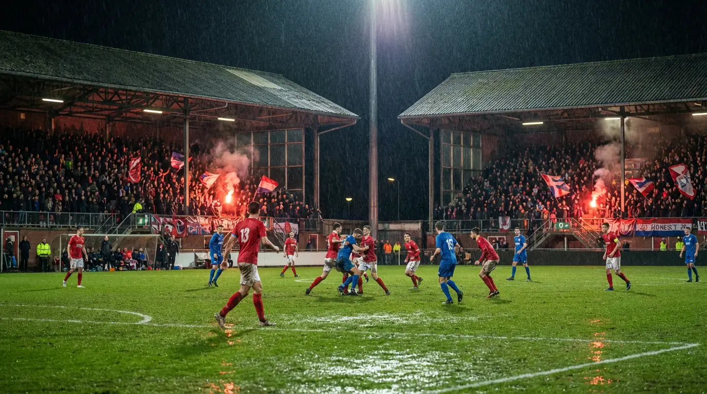Voetballers in actie tijdens een bekerwedstrijd op een Nederlands veld