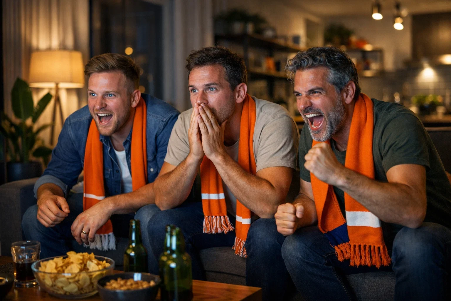 Groep vrienden kijkt samen naar een live voetbalwedstrijd in een huiskamer
