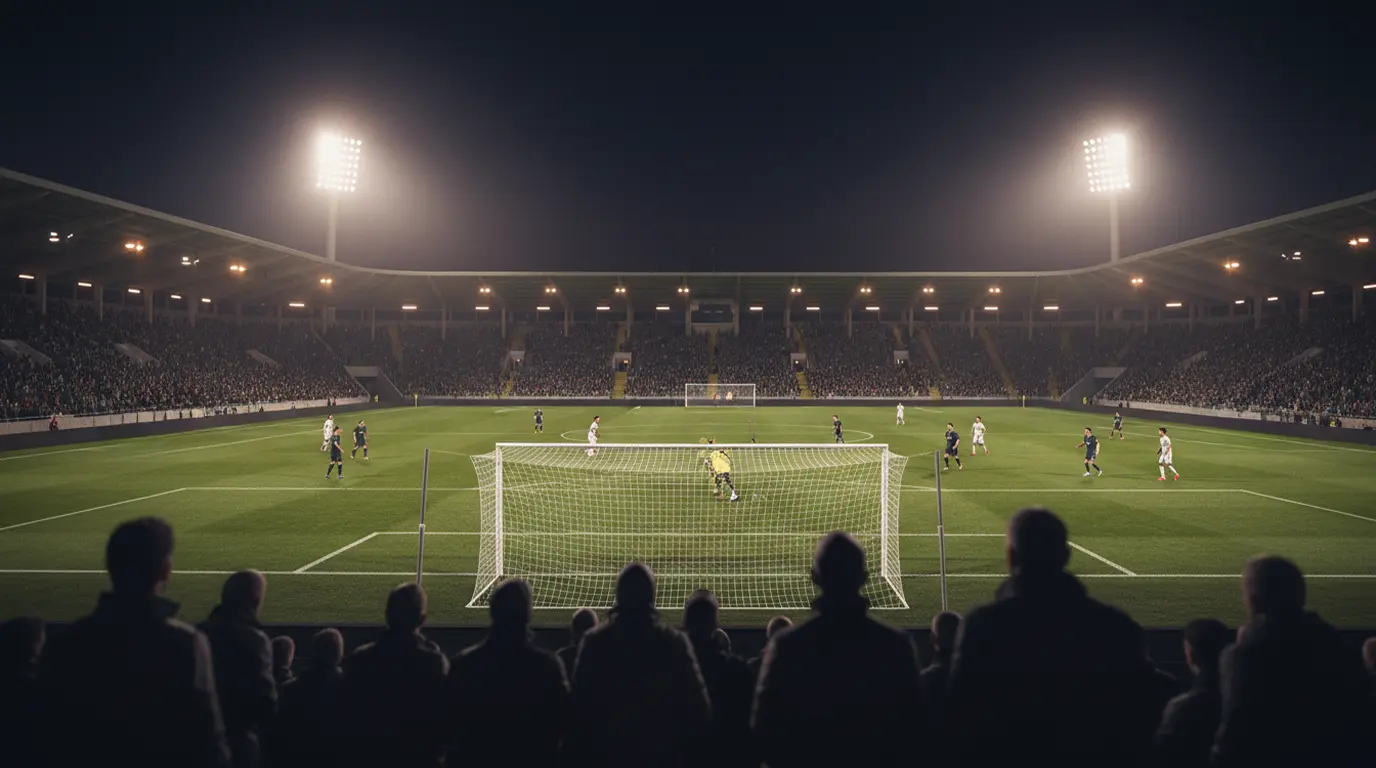 Voetbalwedstrijd in actie gezien vanaf de tribune tijdens een avondwedstrijd
