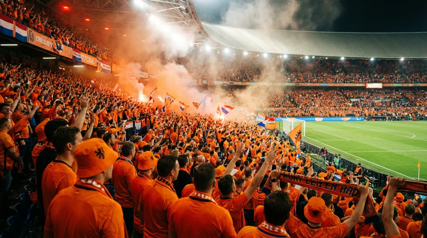 Oranje-supporters op de tribune tijdens een interland van het Nederlands Elftal