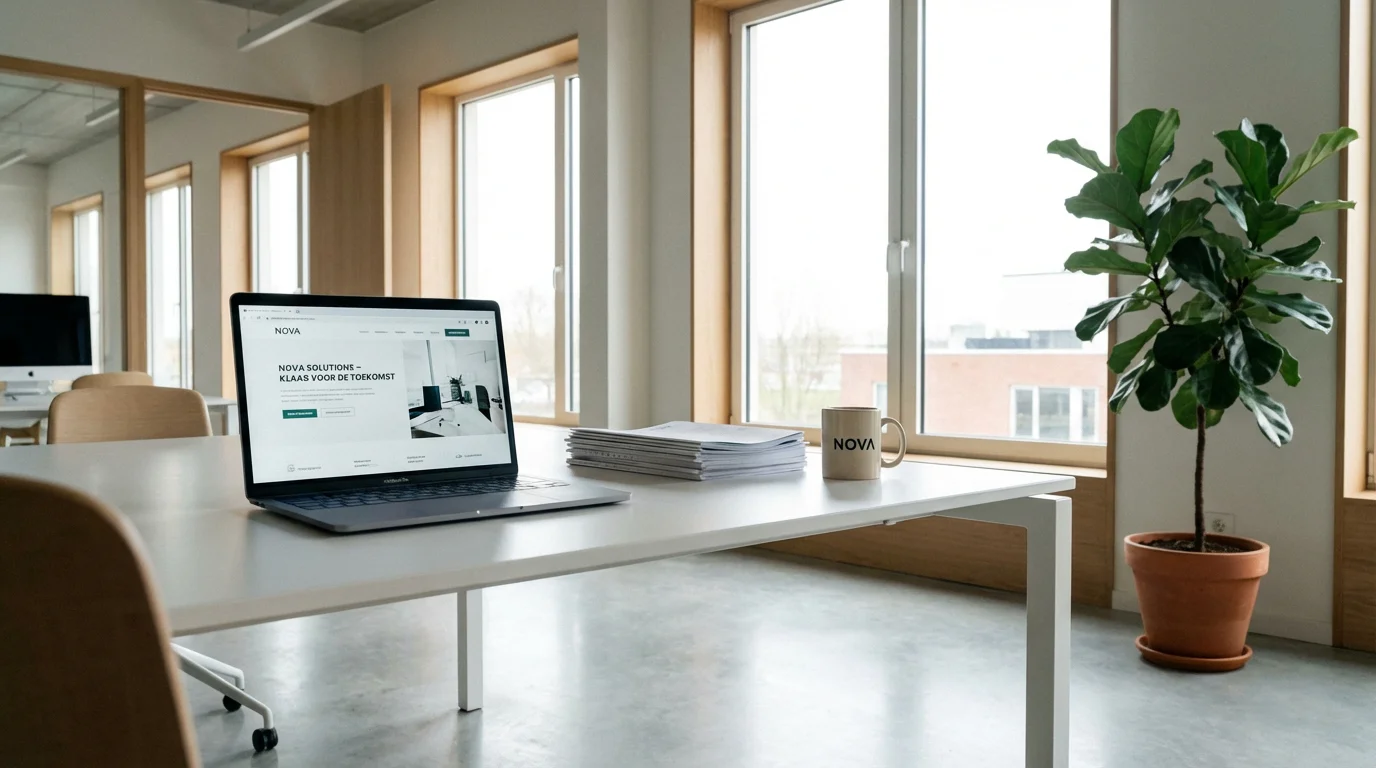 Moderne kantoorruimte met een laptop en documenten op een strak bureau