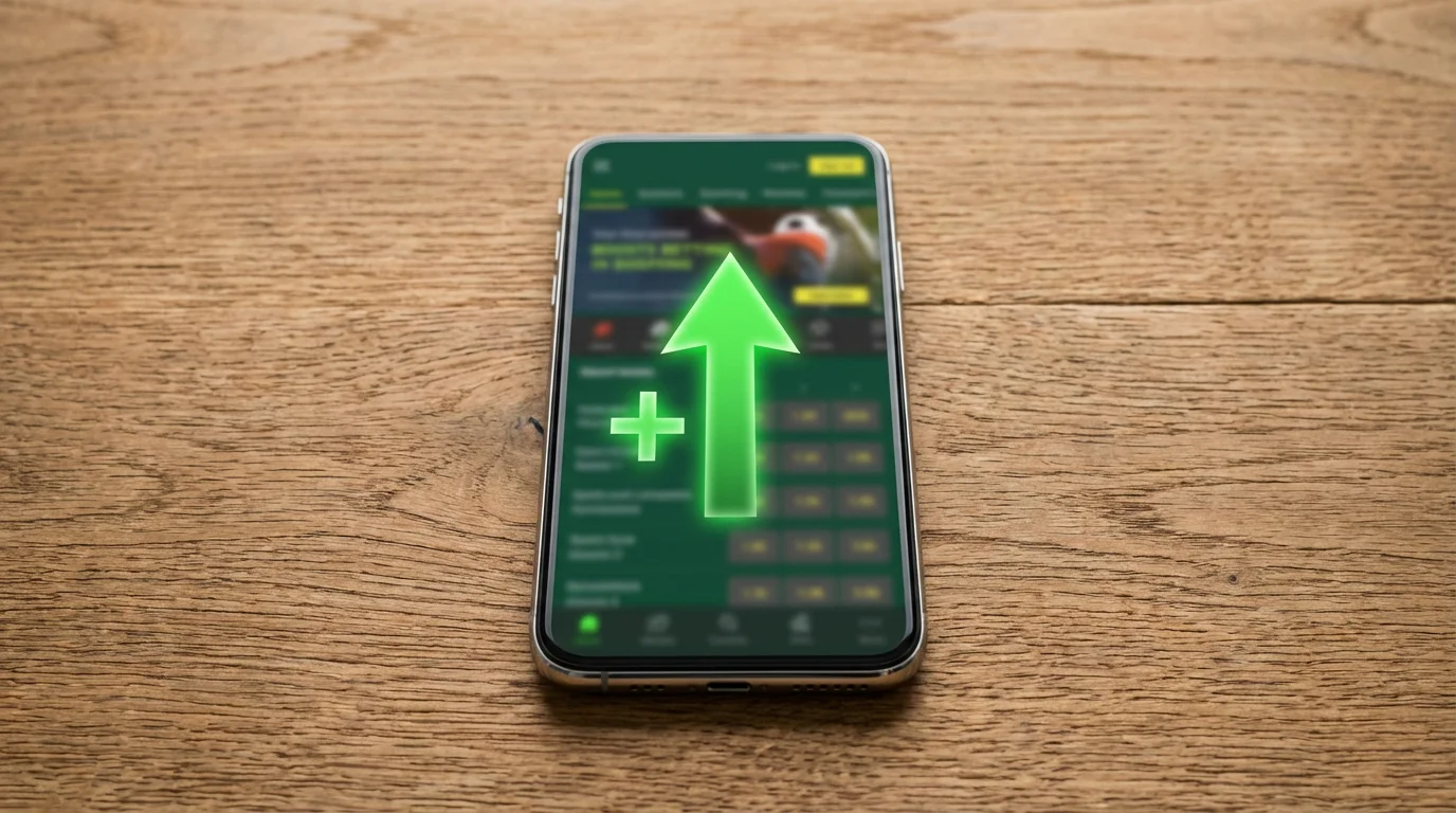 Smartphone op een tafel toont een sportpagina met een groene pijl omhoog