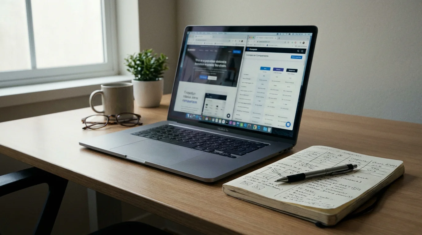 Laptop met meerdere tabbladen open naast een notitieblok met pen op bureau