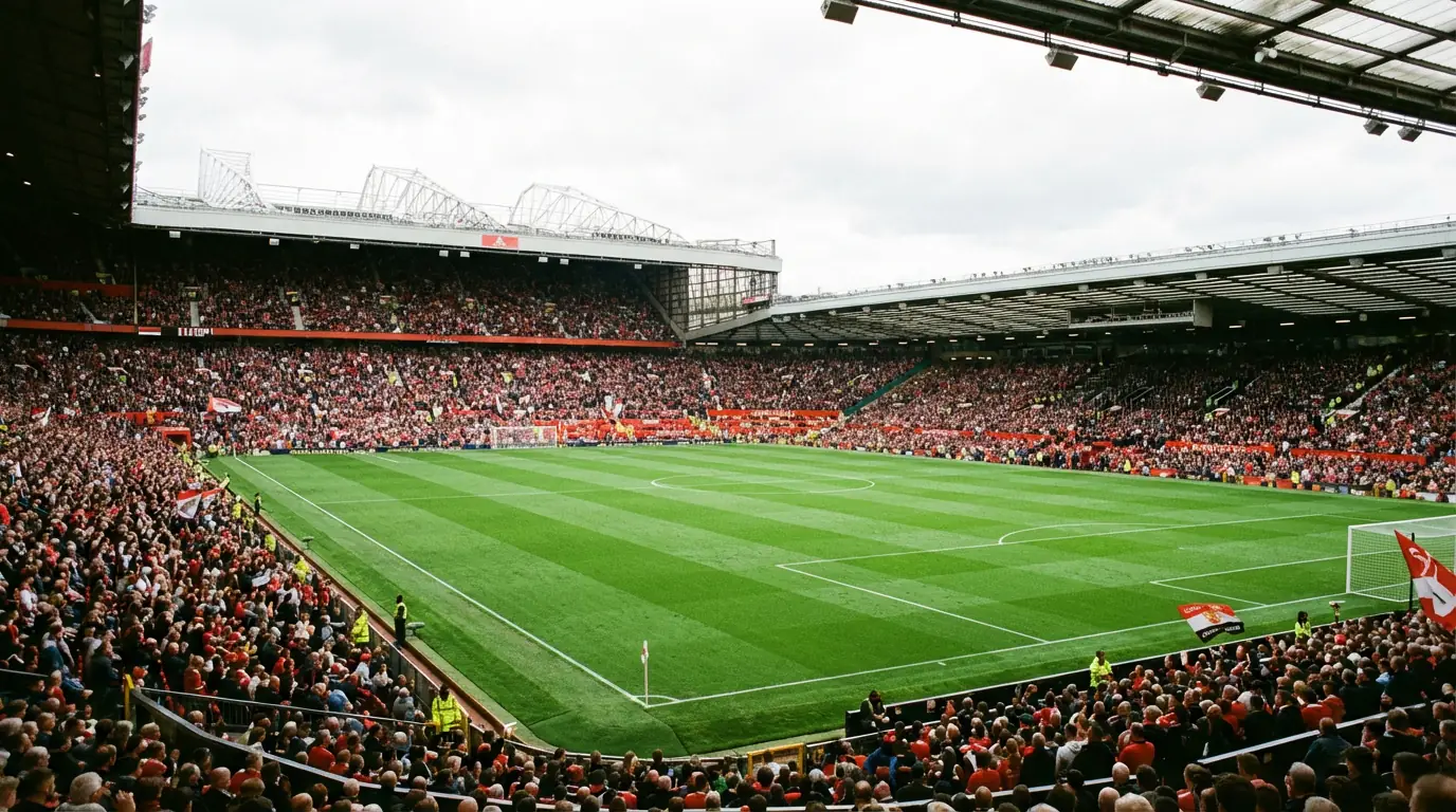 Engels voetbalstadion met groene grasmat en volle tribunes bij daglicht