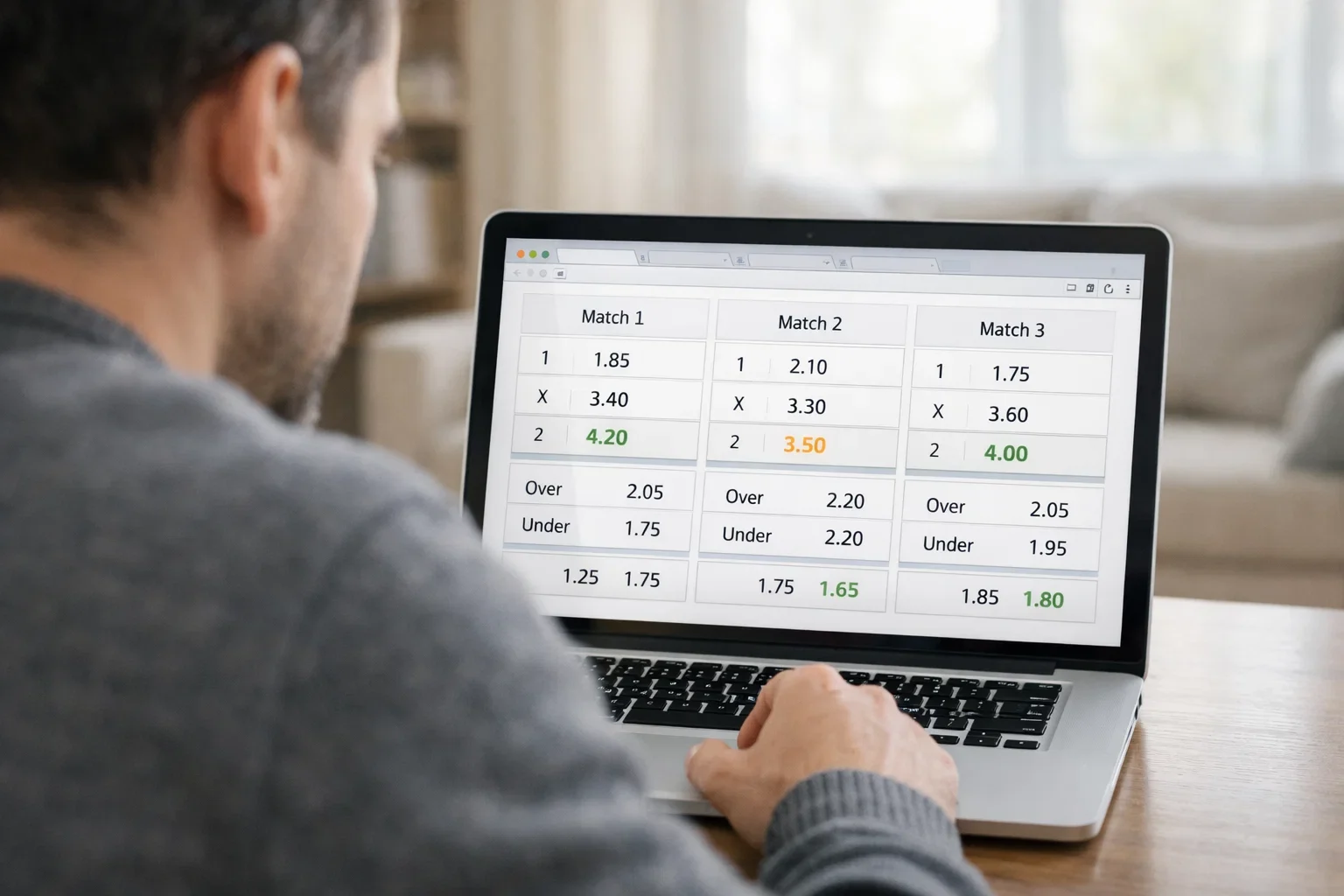 Persoon vergelijkt odds op meerdere tabbladen op laptop