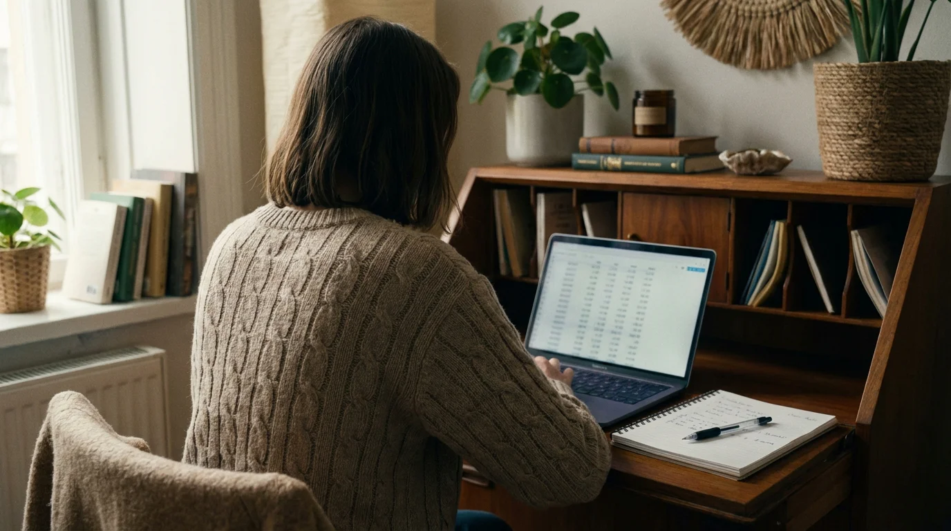 Persoon analyseert voetbalstatistieken op een laptop met notities