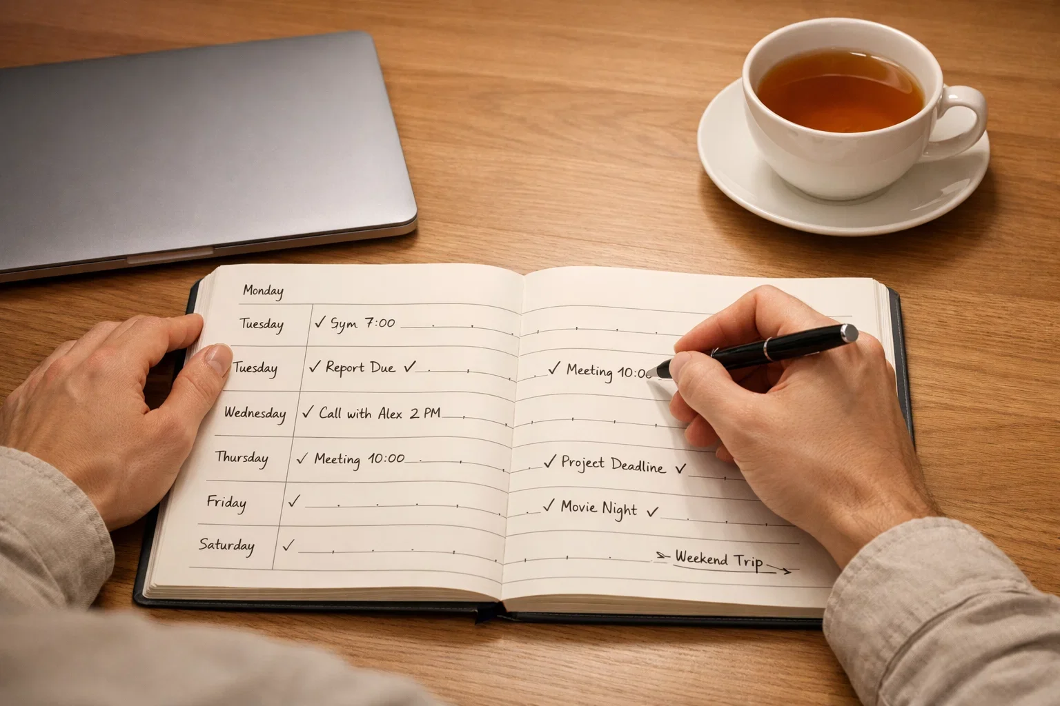 Persoon maakt aantekeningen in planner met weglopen symbool