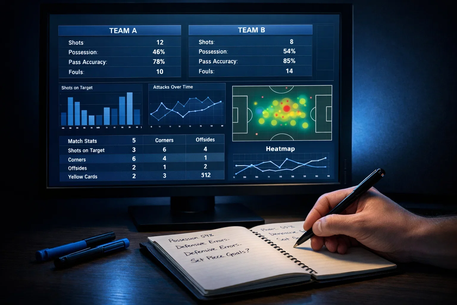 Voetbalstatistieken op computerscherm met aantekeningen