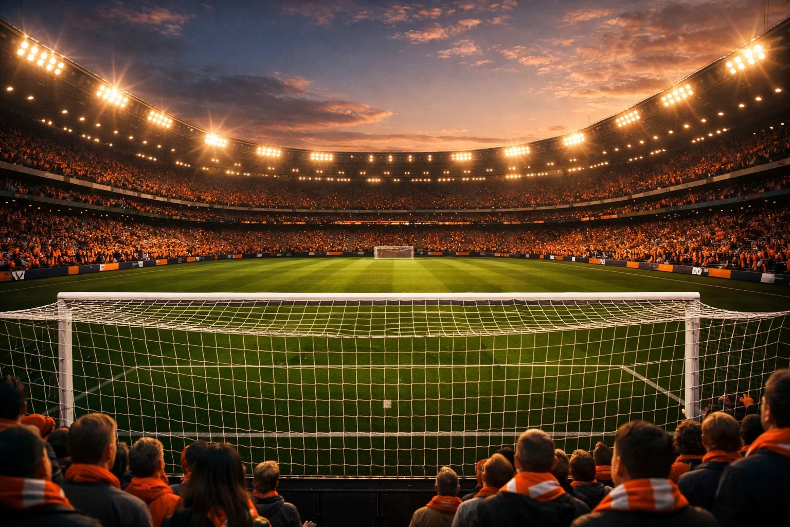 Voetbalstadion bij avondlicht met supporters die een wedstrijd volgen