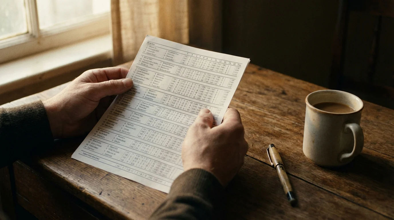 Persoon bestudeert een wedformulier met voetbalwedstrijden op papier