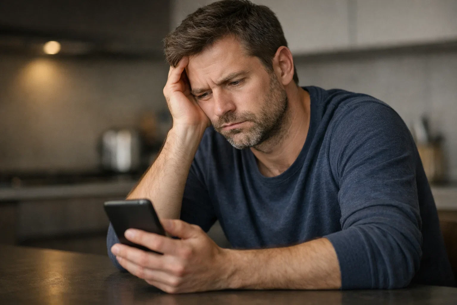 Man met gefrustreerde uitdrukking kijkt naar smartphone