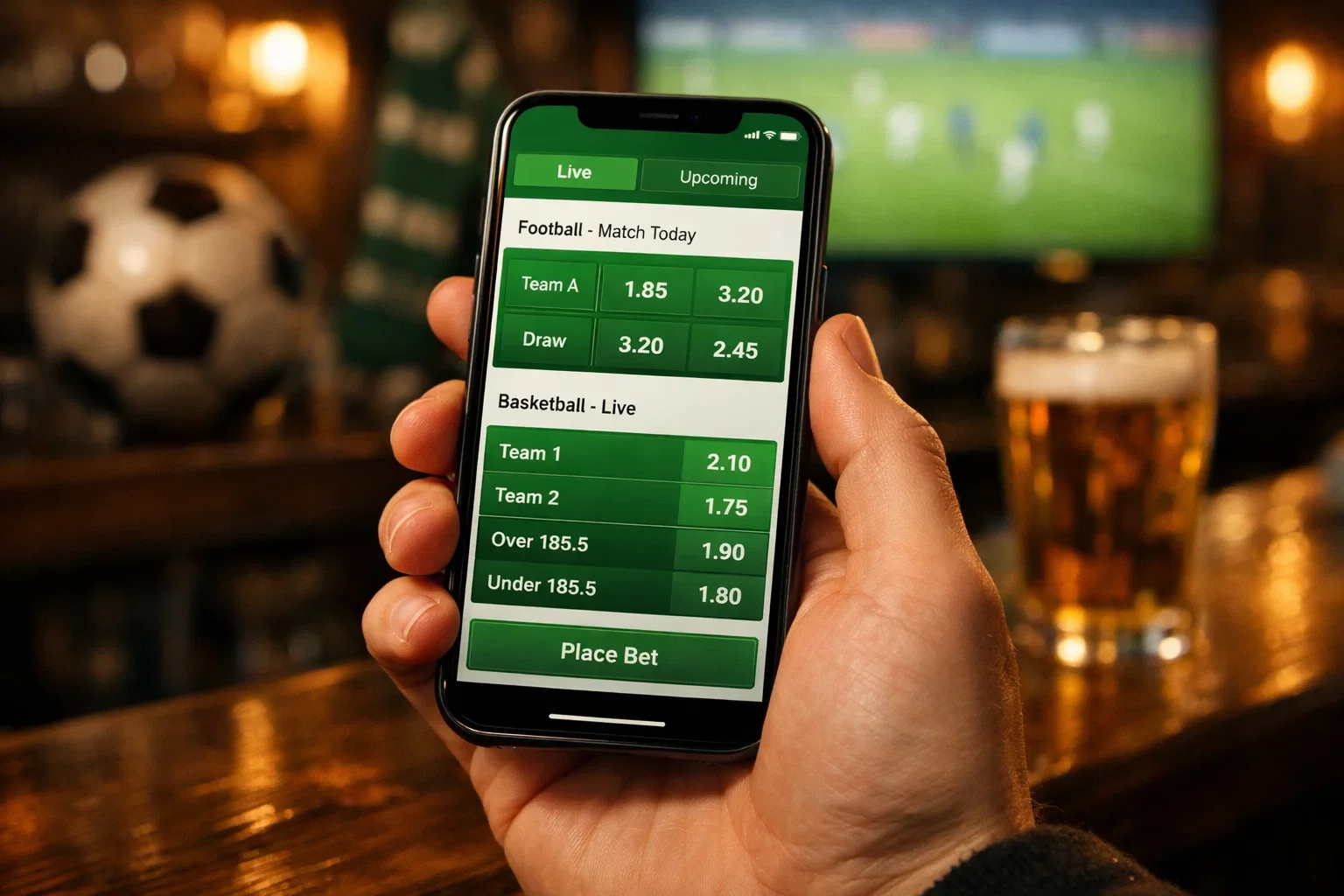 Hand houdt smartphone met sport app interface tijdens het plaatsen van een weddenschap