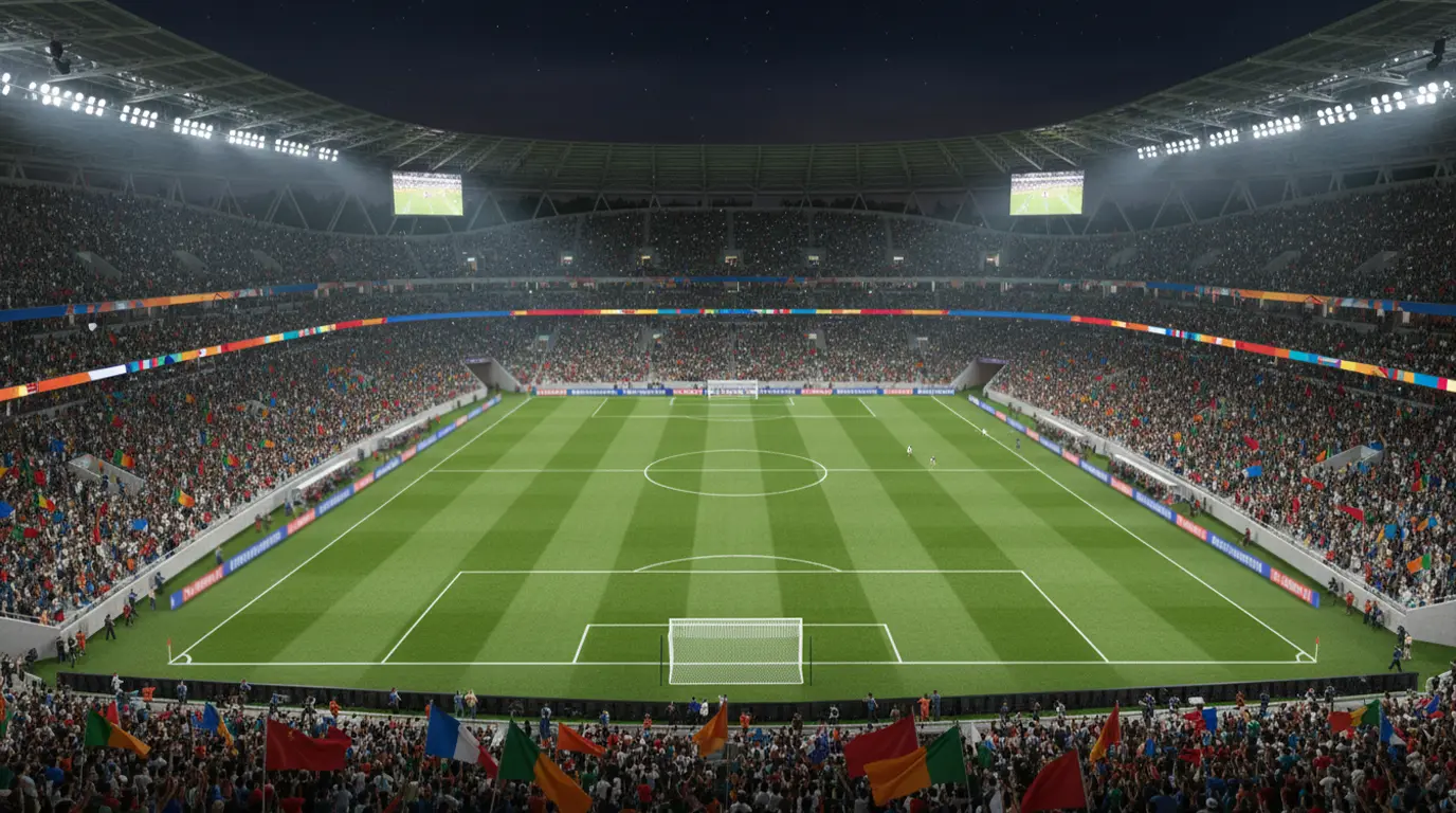 Vol voetbalstadion met internationale vlaggen tijdens een WK-wedstrijd